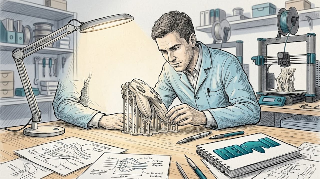 Un técnico examina detenidamente una pieza generada digitalmente sobre la mesa de su taller.