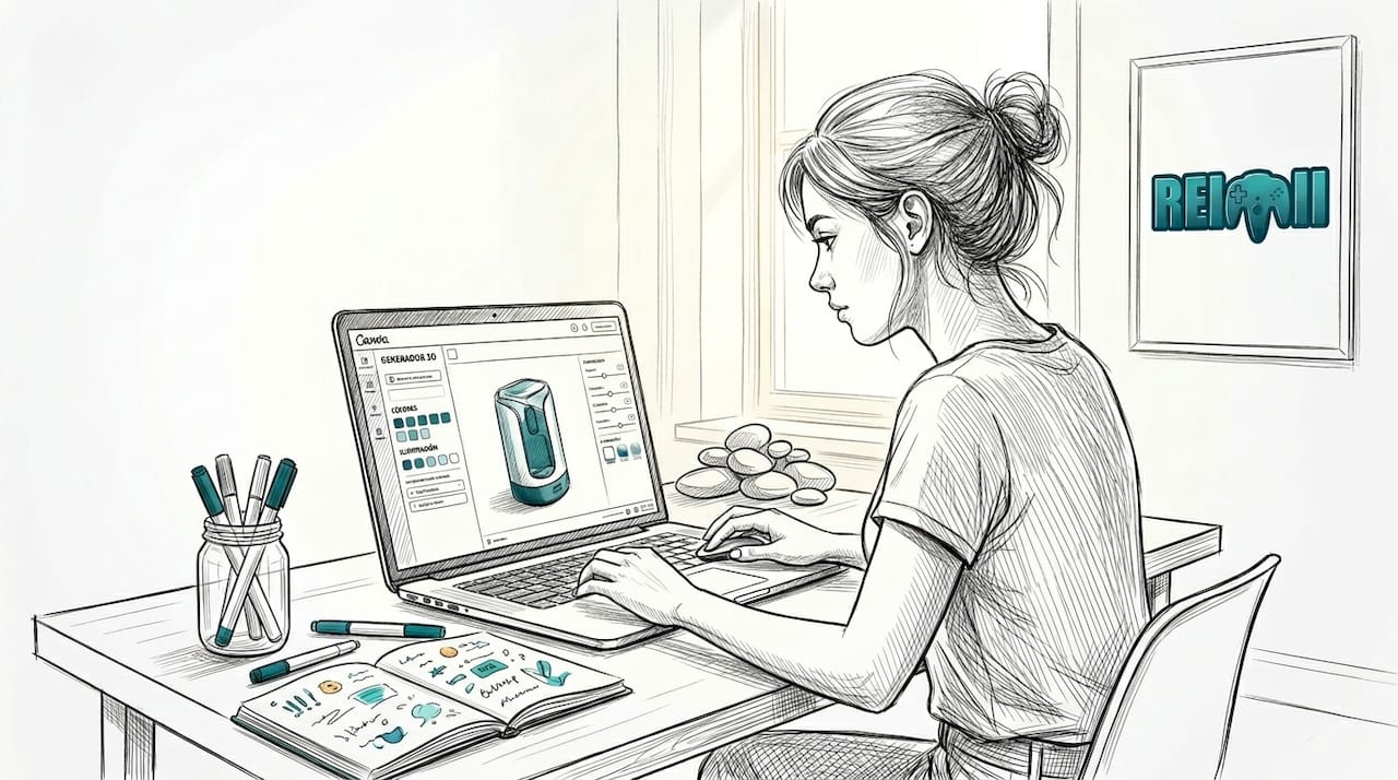 Una diseñadora trabaja en su portátil, creando modelos en 3D con un software especializado.