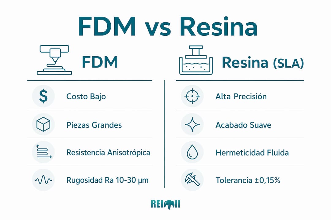 Infografía con las principales diferencias entre la impresión 3D FDM y la de resina