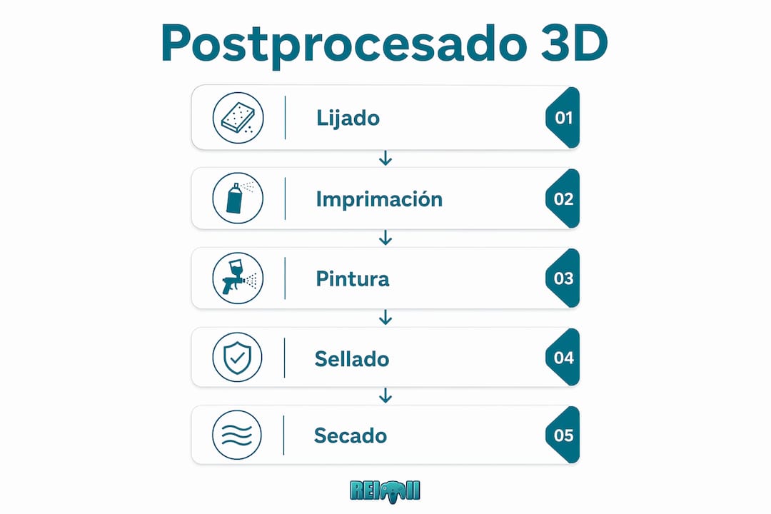 Guía visual sobre los pasos del acabado de figuras impresas en 3D