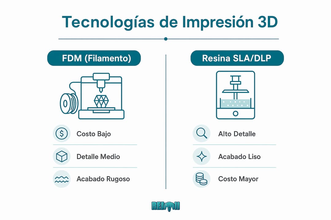 Infografía comparativa: impresión 3D por FDM vs. resina