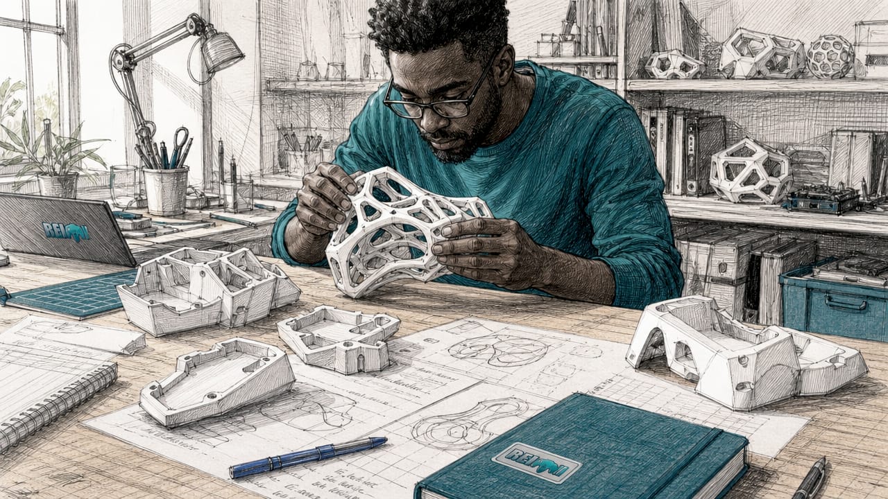 Manos mostrando un prototipo impreso en 3D junto a moldes rígidos