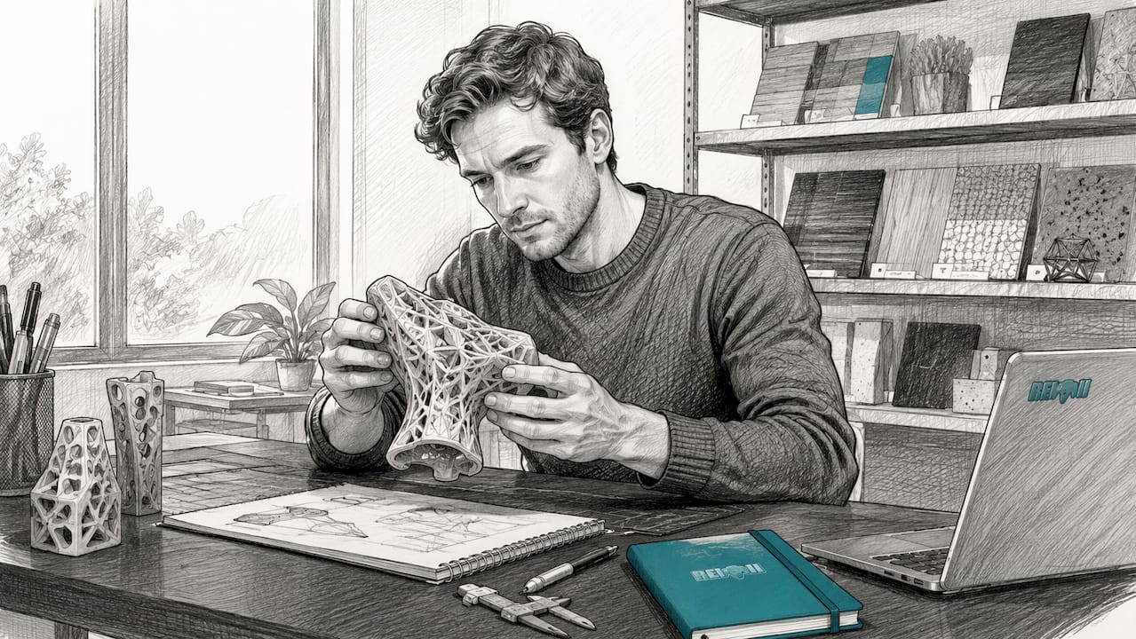 Manos trabajando con un modelo impreso en 3D junto a dispositivos digitales