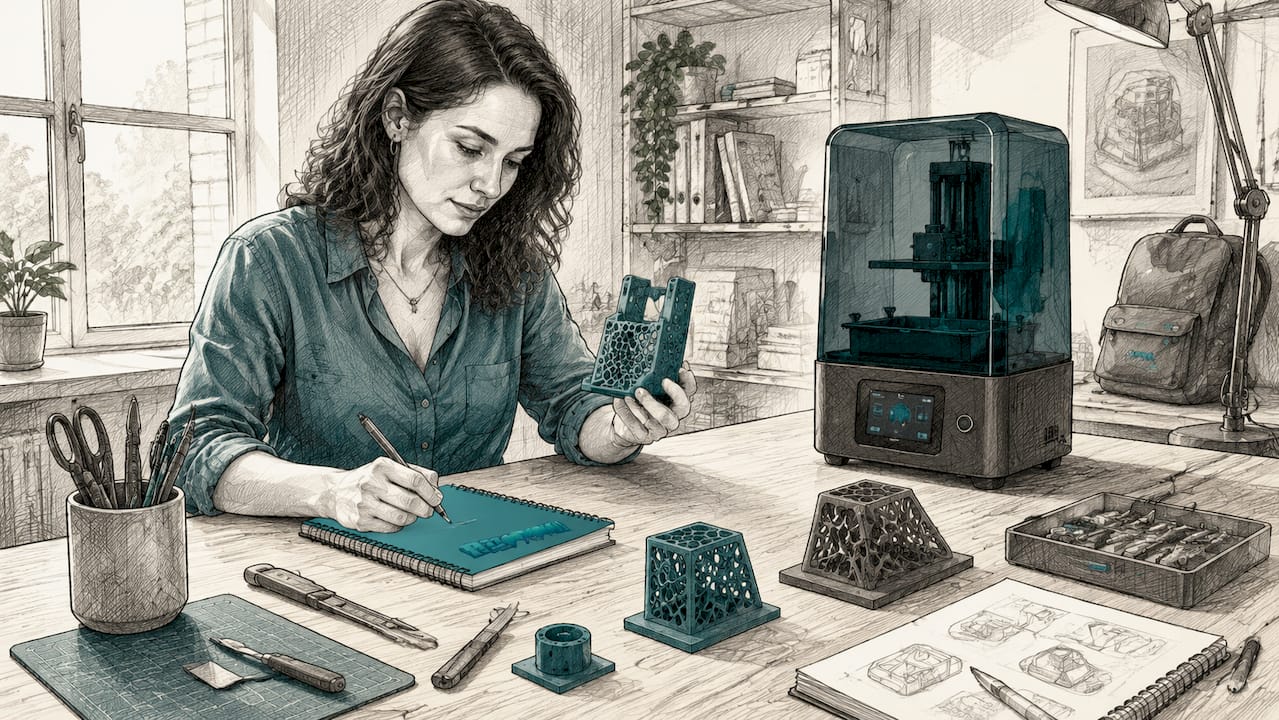 Mujer revisando un accesorio de mesa creado con impresión 3D en su taller