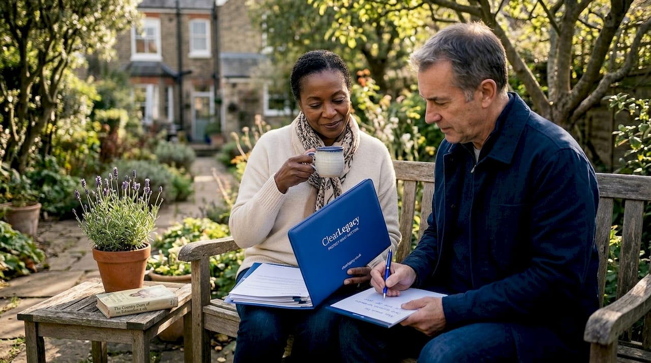 Couple reviewing estate planning documents at kitchen table