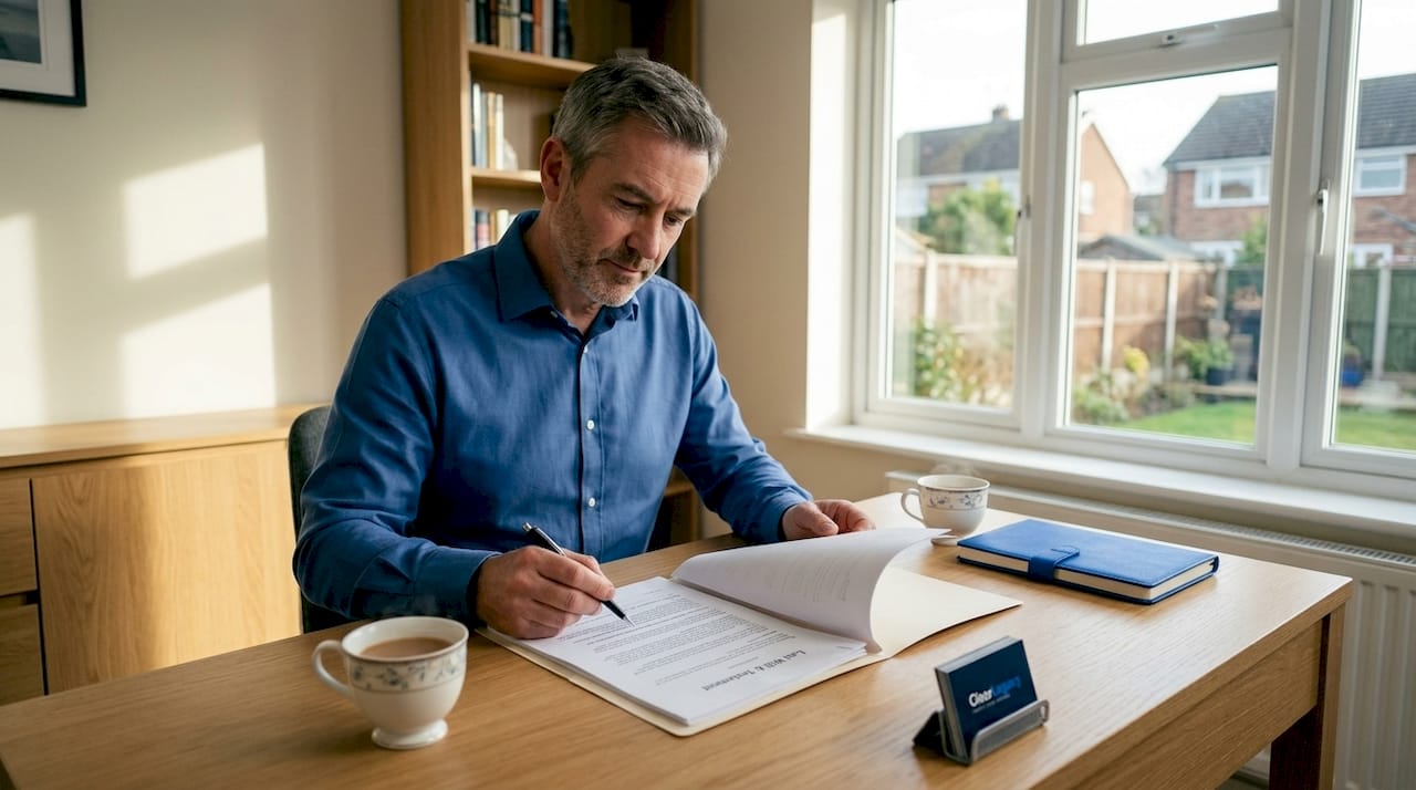Man reviewing will documents at desk in home office