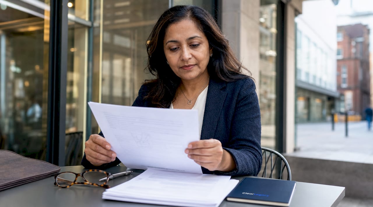 Woman reading will document at home table