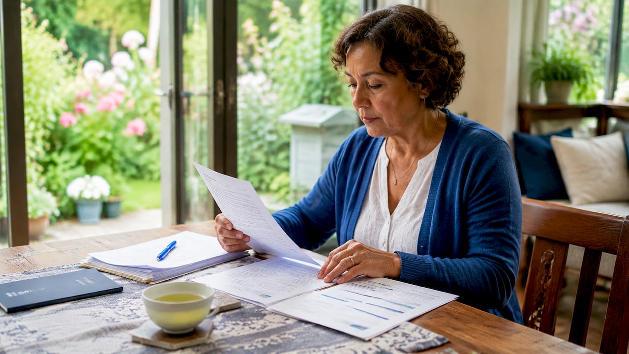 Woman reviewing will documents at home desk