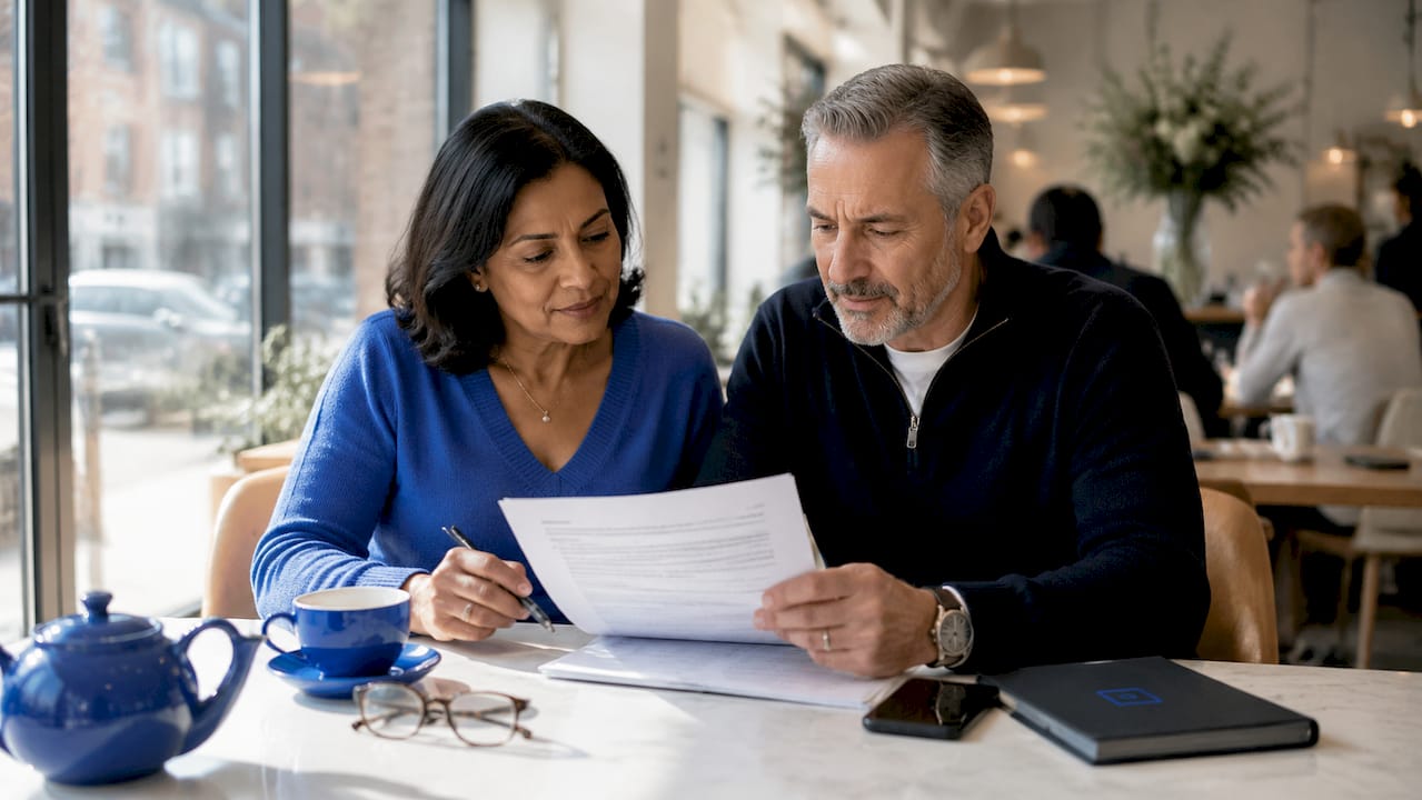 Diverse UK couple reviewing legal papers at kitchen table