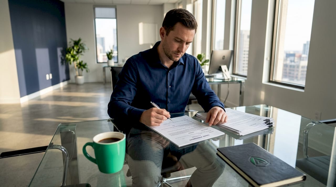 Business owner reviews lease in sunlit retail space