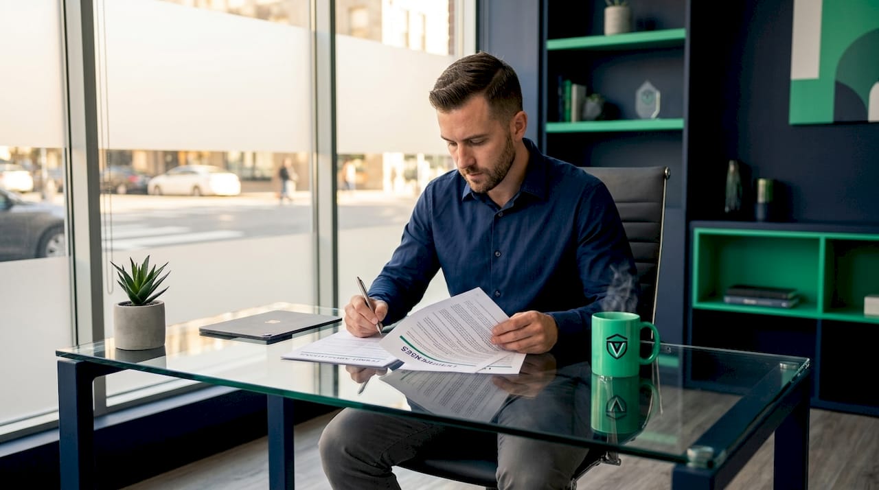 Business professional reviewing permit documents