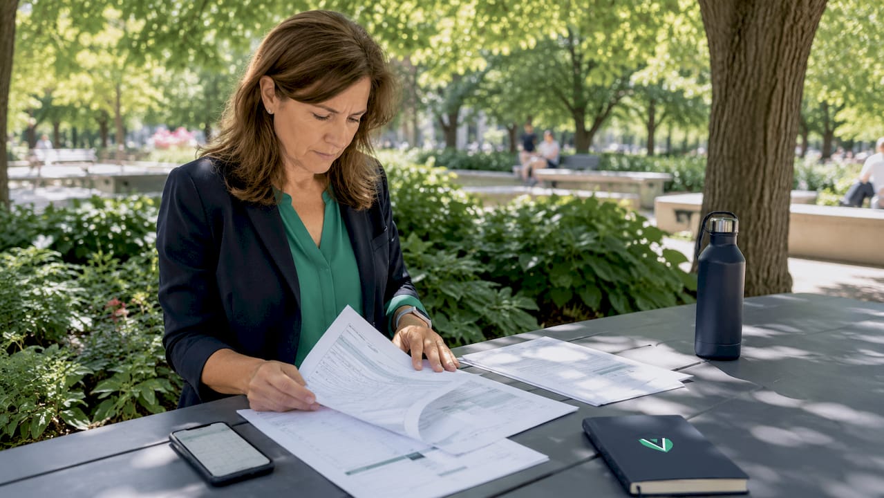 Woman reviewing business license paperwork in office