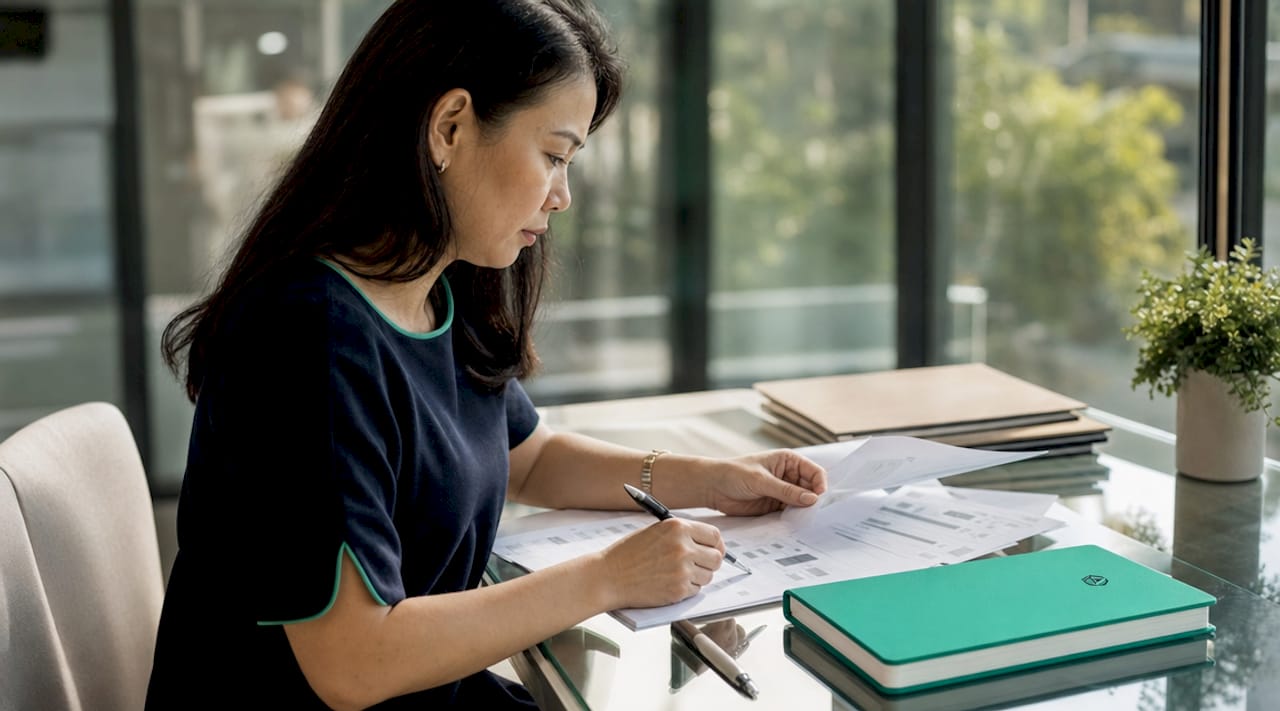 Woman reviewing franchise documents at desk