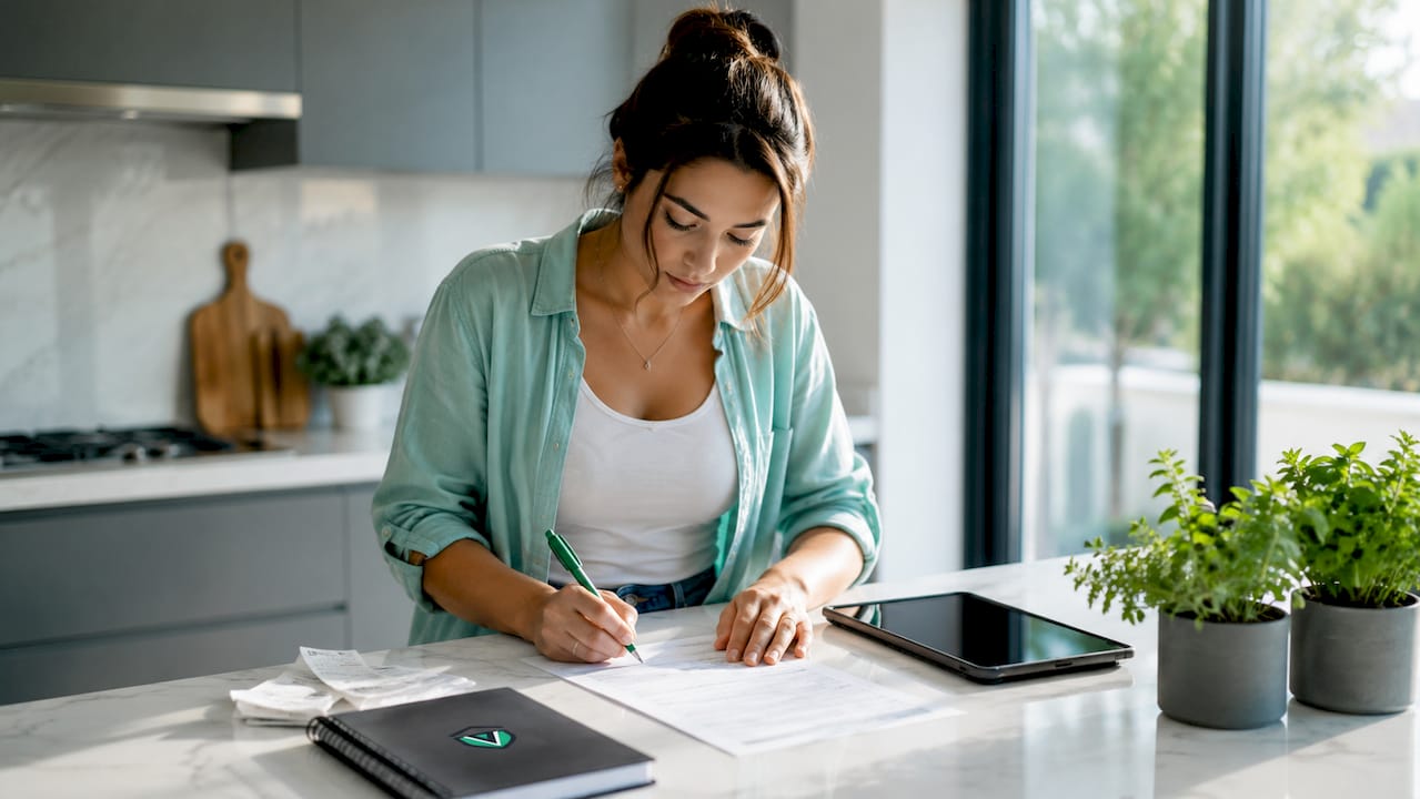 Small business owner filling paperwork at desk
