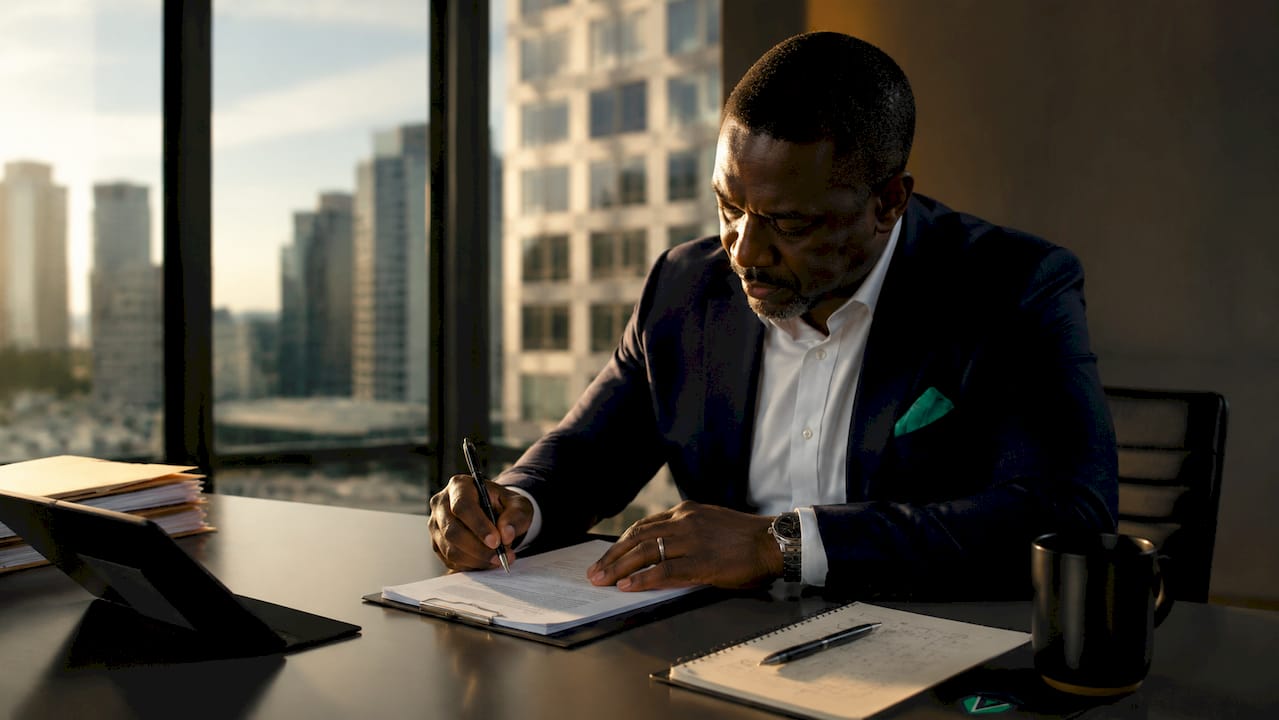 Businessman signing registration documents