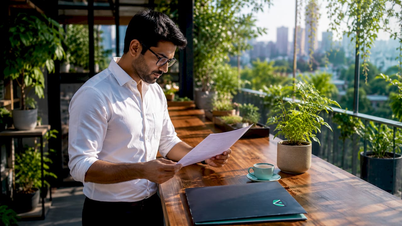 Business owner reviewing permit at desk