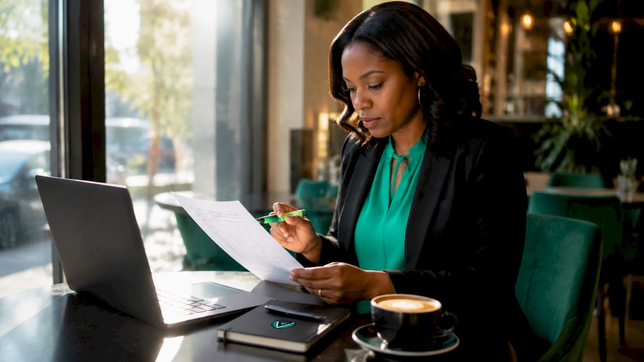 Businesswoman reviewing license audit checklist