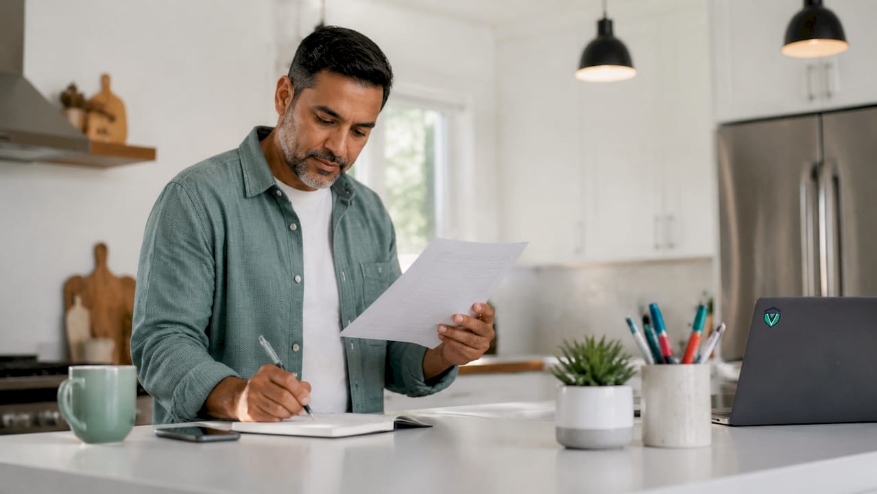 Business owner reviewing zoning permit at desk