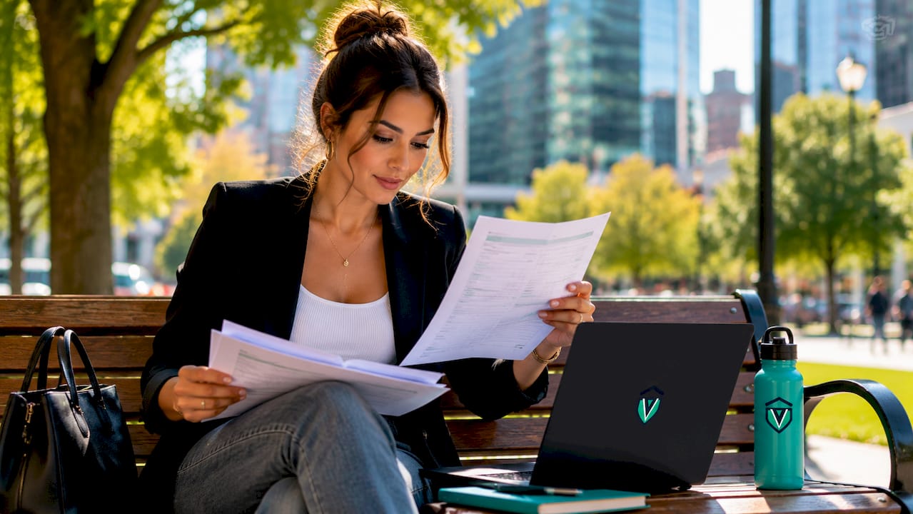 Entrepreneur reviewing permit documents at desk