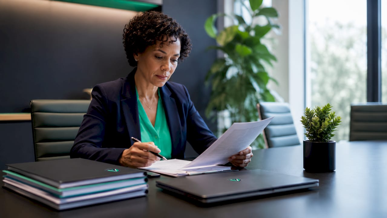 Businesswoman reviewing license documents at office desk
