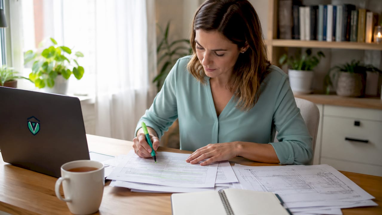 Woman reviewing fire safety permit documents at office table