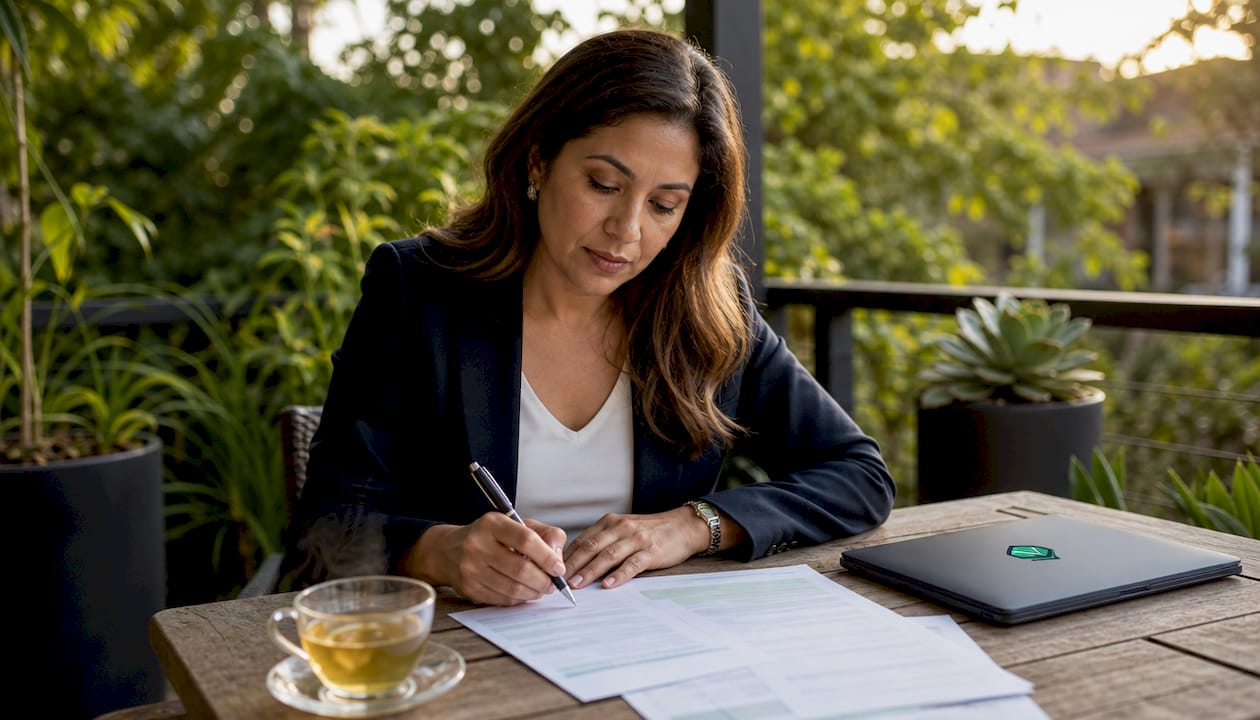 Businesswoman reviewing franchise permit documents