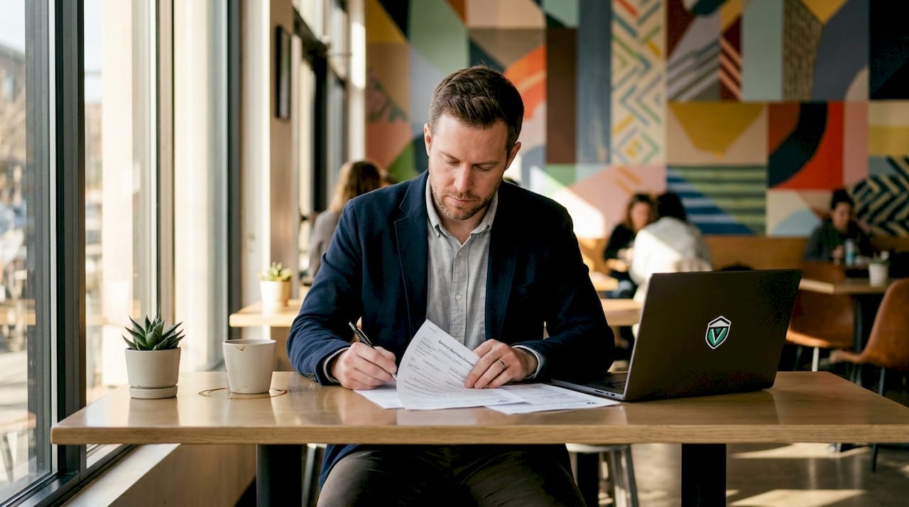 Man reviewing business license documents at desk