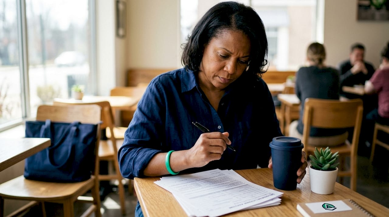 Person reviewing business license forms at desk