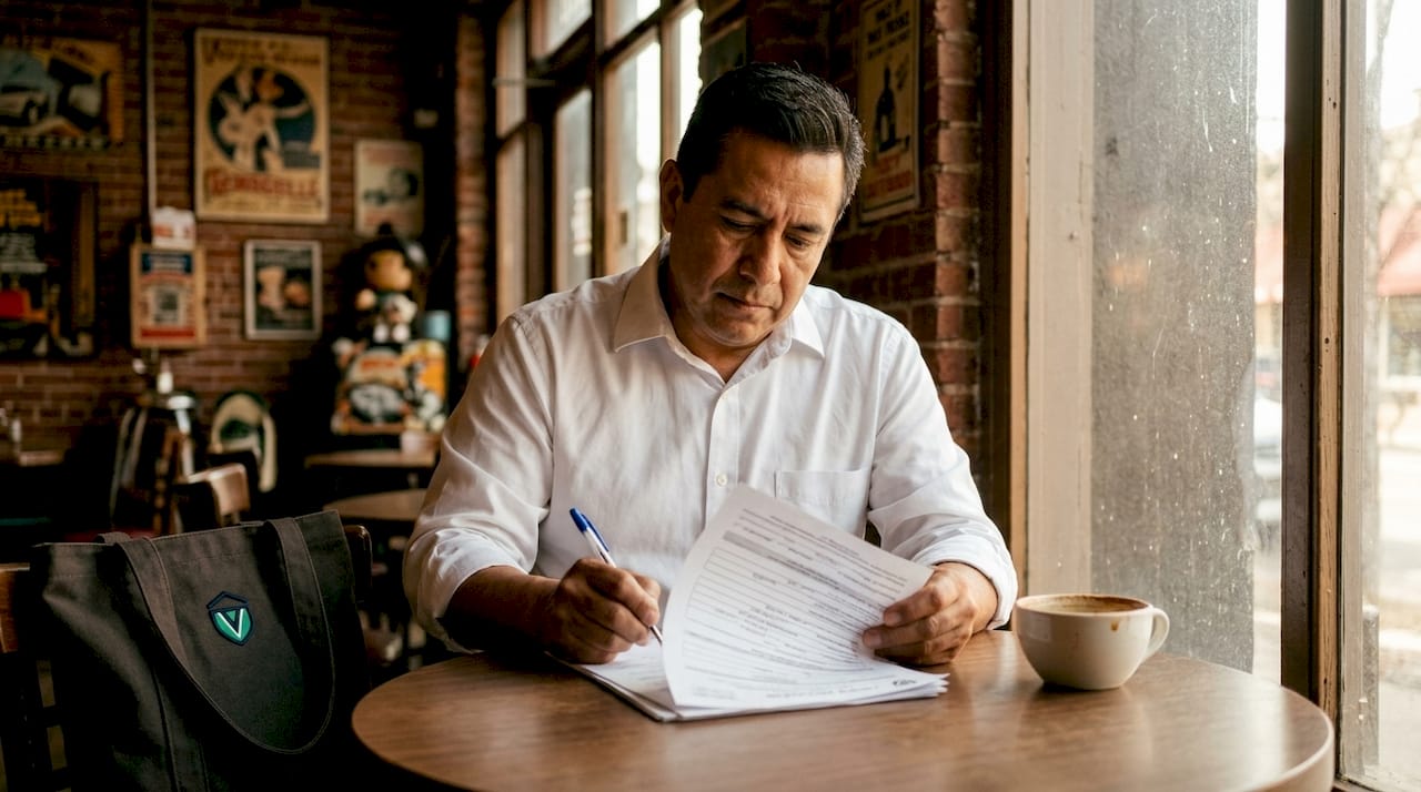 Franchise operator reviewing permit papers