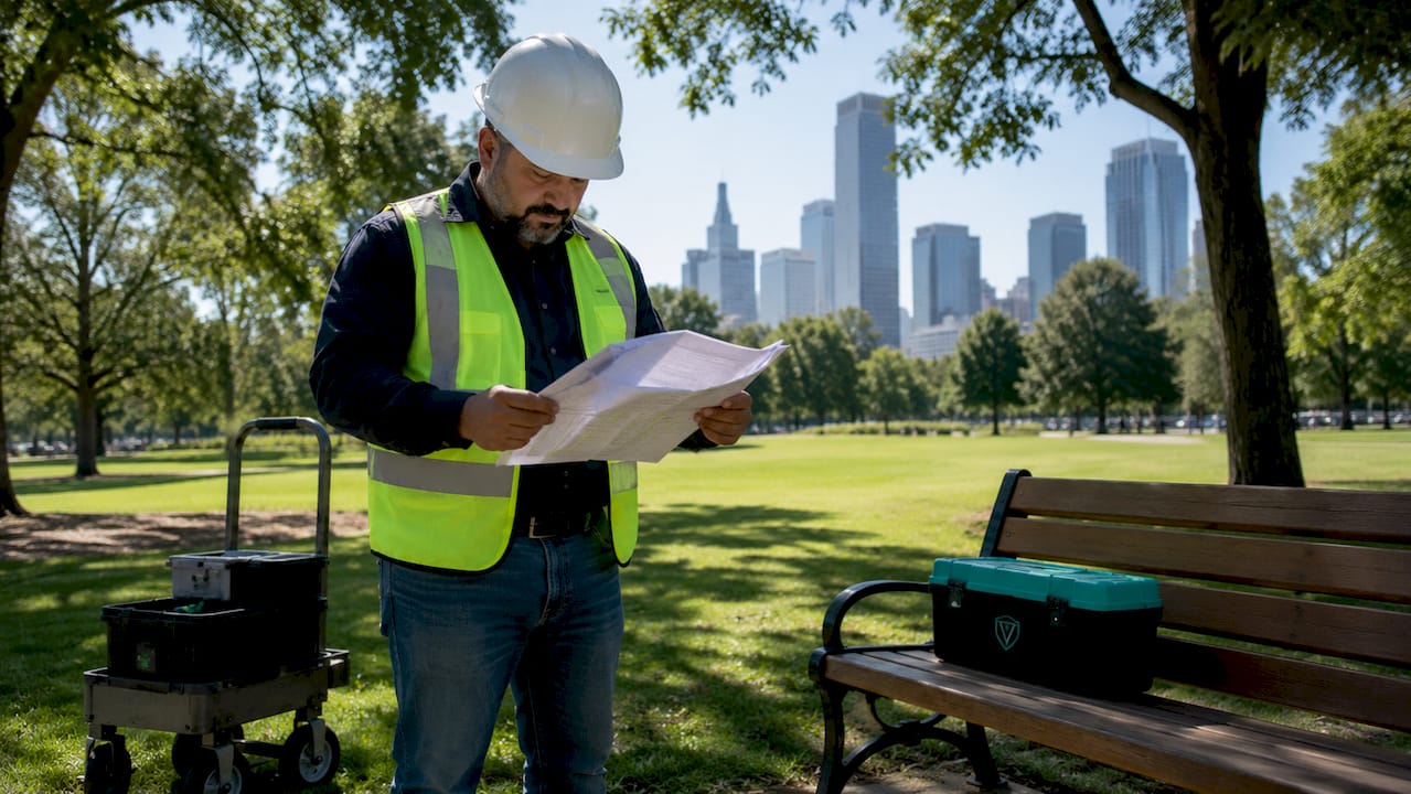 Contractor reviewing sidewalk permit paperwork outside