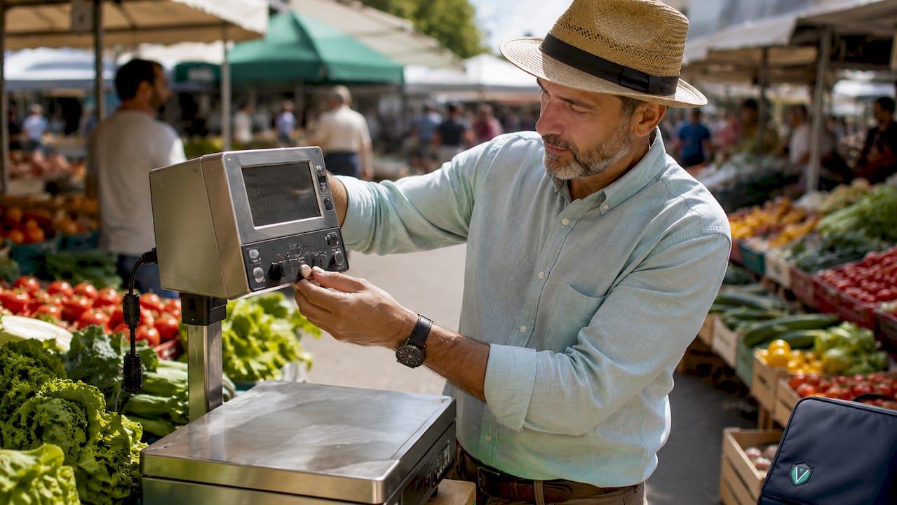 Business owner inspecting commercial scale in store