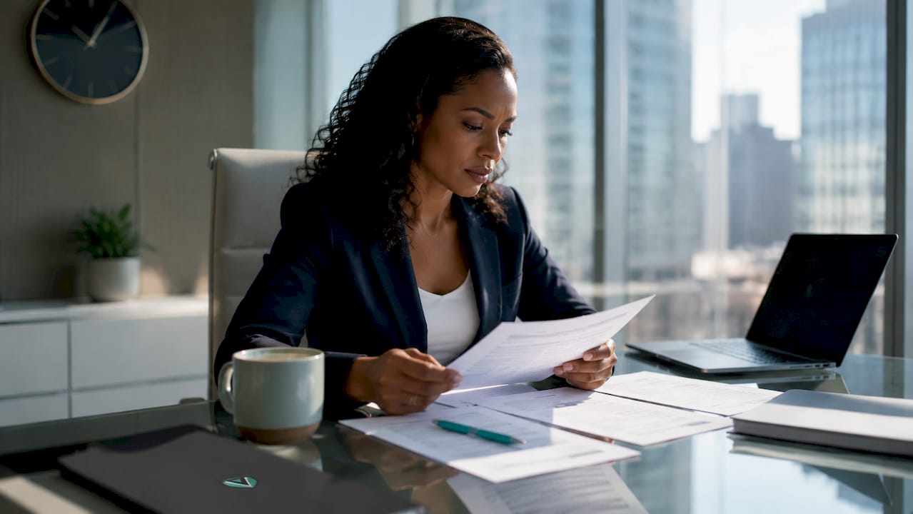 Woman reviewing compliance documents at desk