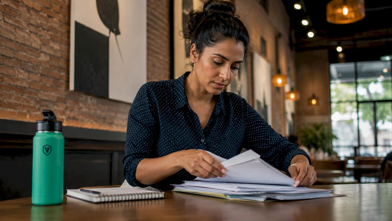 Woman organizing business license documents at desk