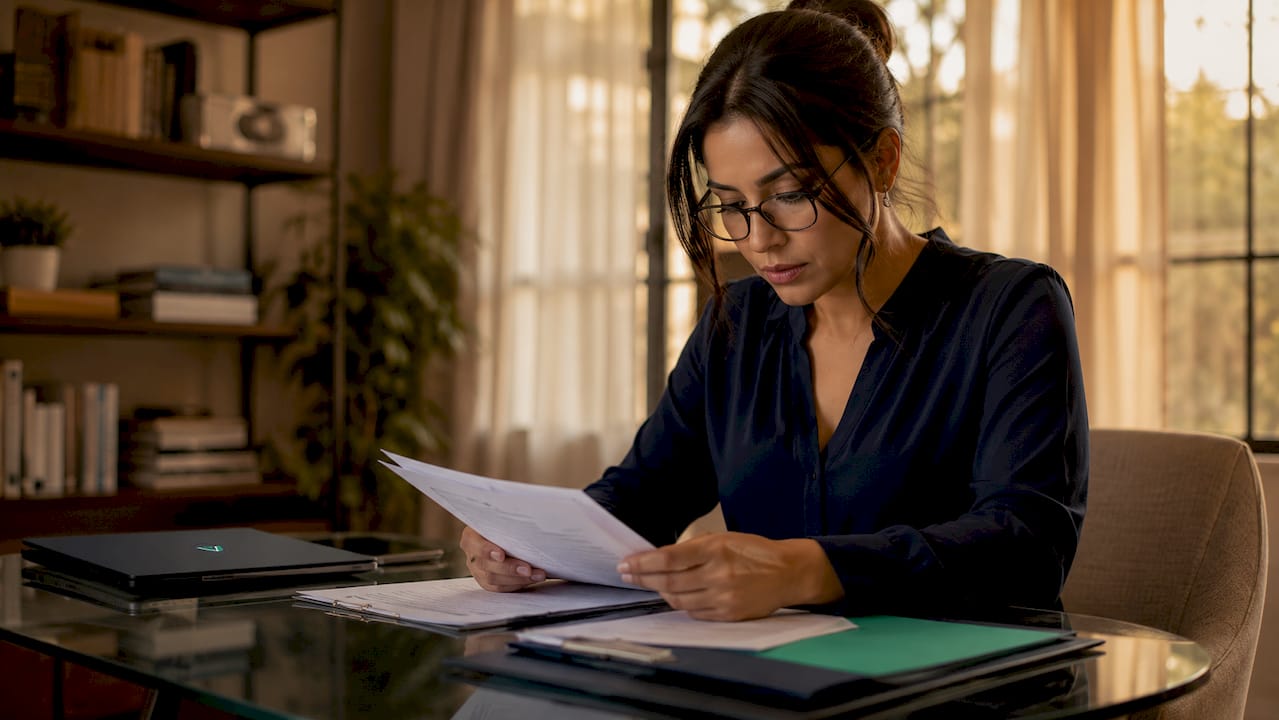 Compliance officer reviewing insurance documents at desk