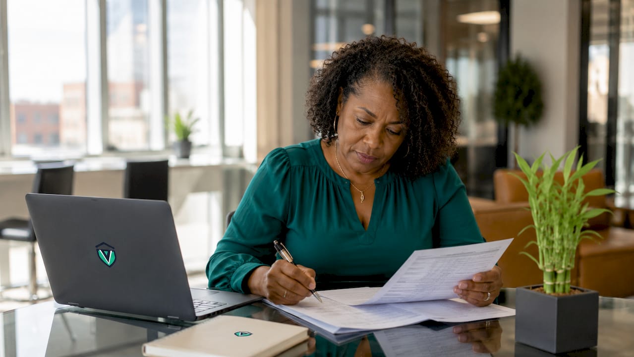 Woman reviewing business formation documents at desk