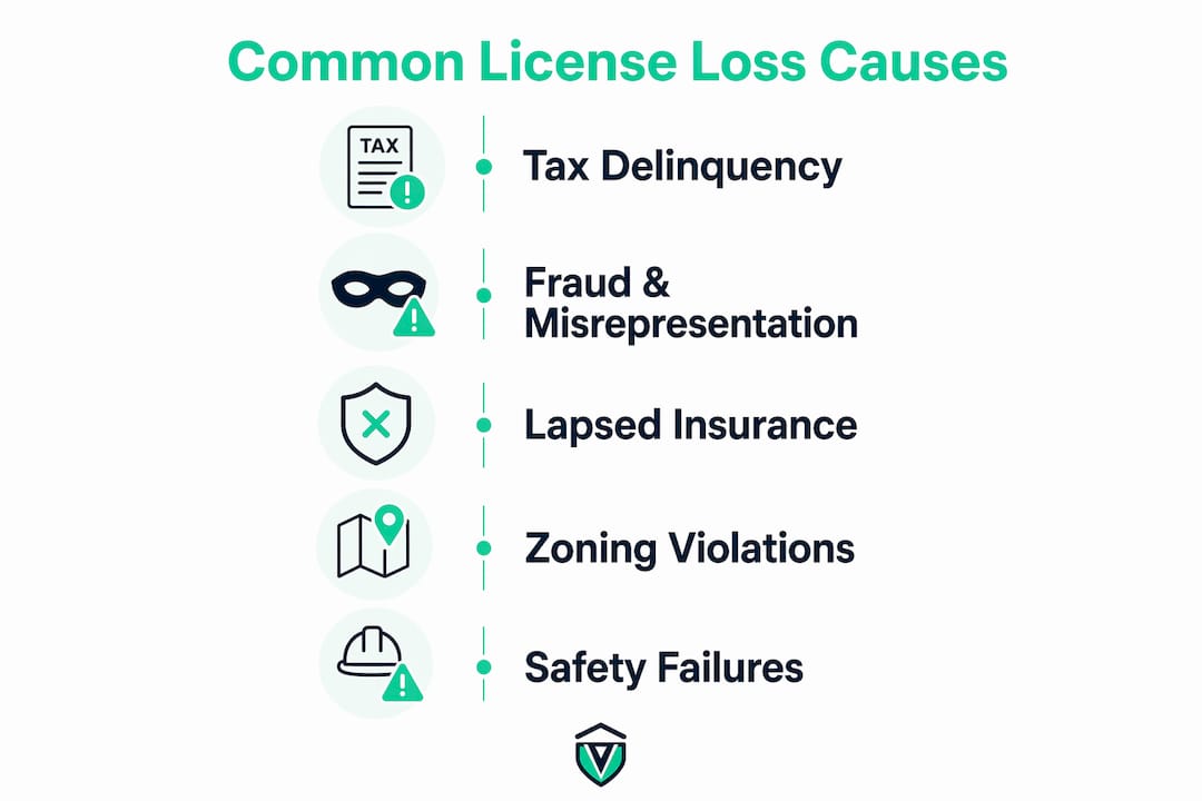 Infographic depicting key causes of license loss with steps