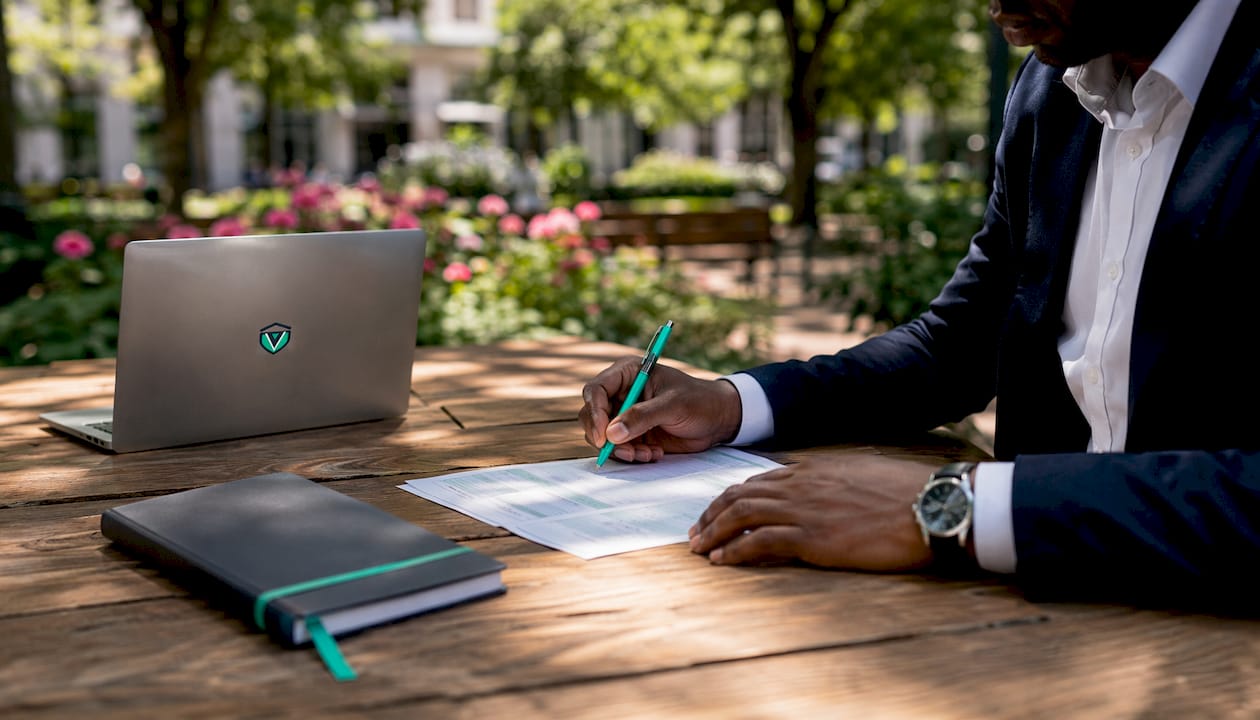 Hands reviewing permit application with phone nearby