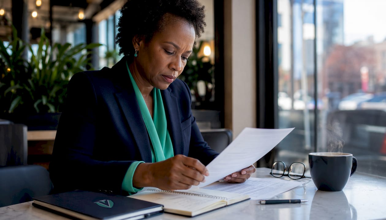 Compliance officer reviewing franchise forms at desk