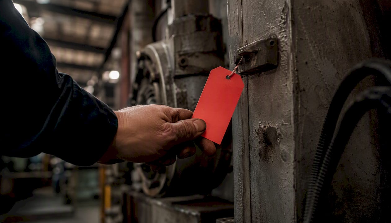 Hand placing red hazard tag on industrial machine