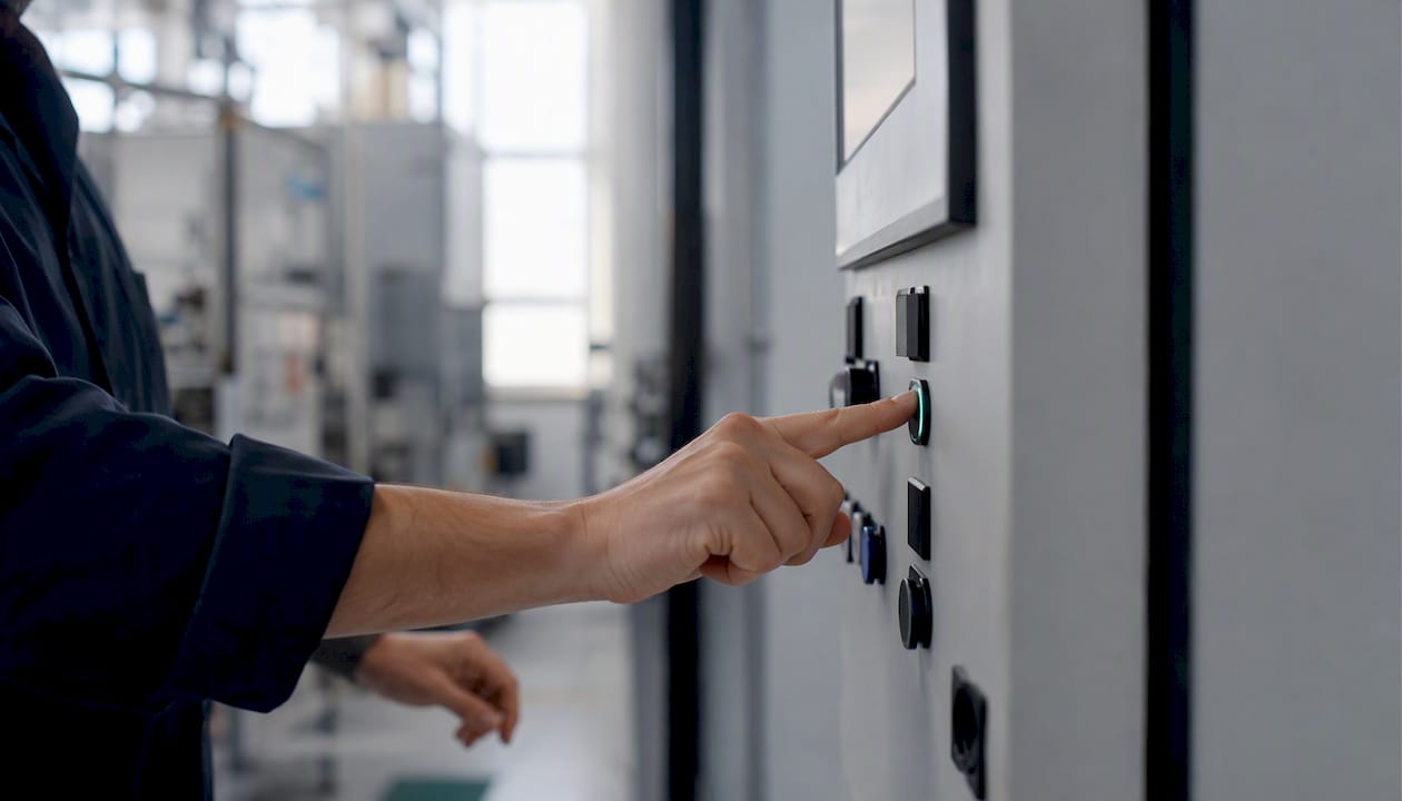 Hands pressing automation control button
