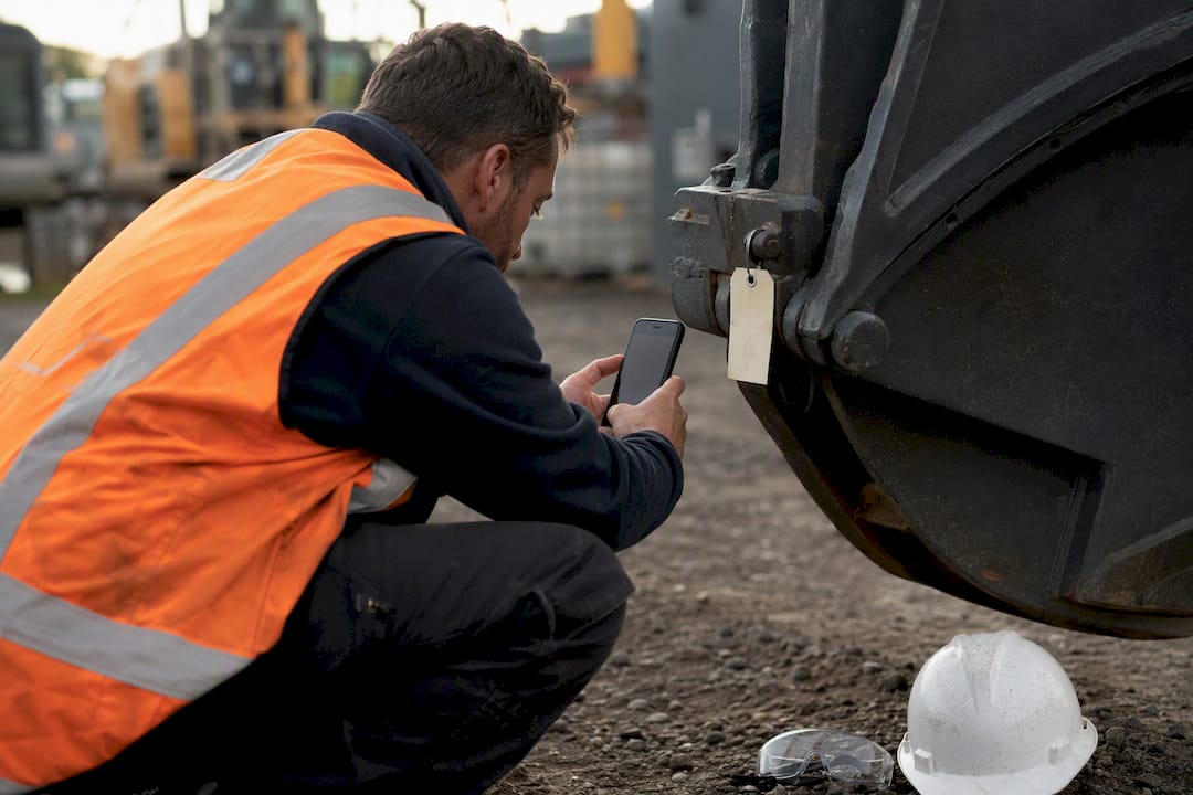 Hands photographing permit tag on equipment
