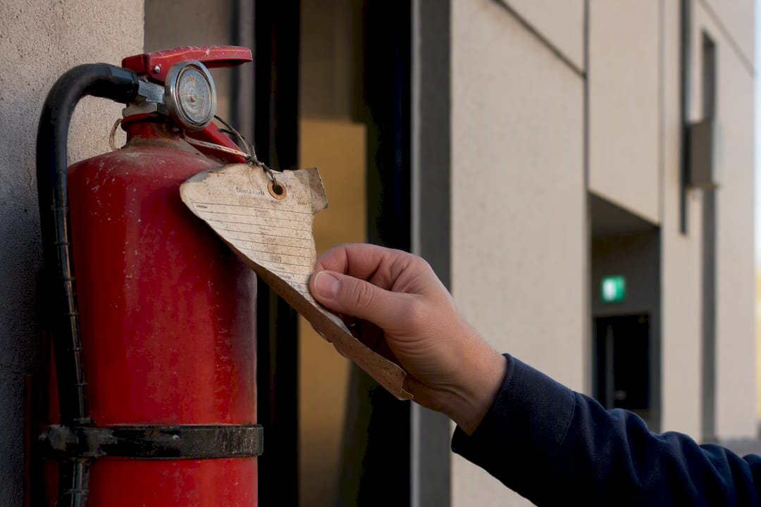 Hand removing expired fire extinguisher inspection tag