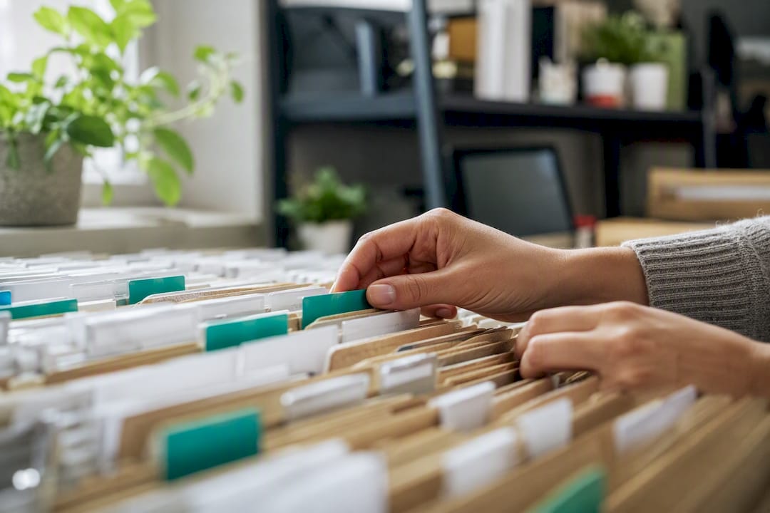 Hands adding tags to compliance files