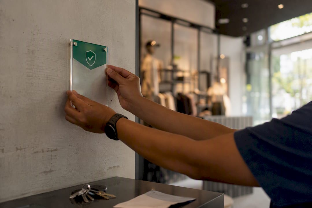 Hand tagging compliance permit on franchise storefront