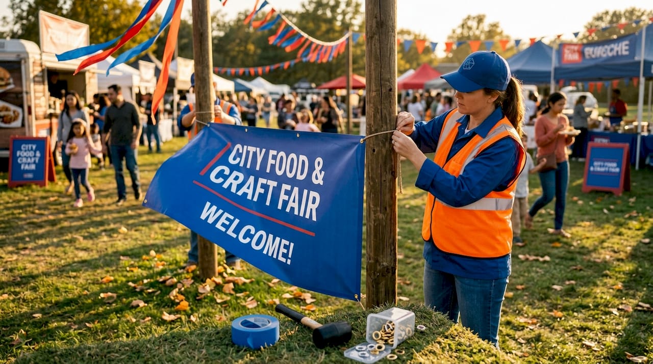 Attaching vinyl banner at outdoor festival grounds
