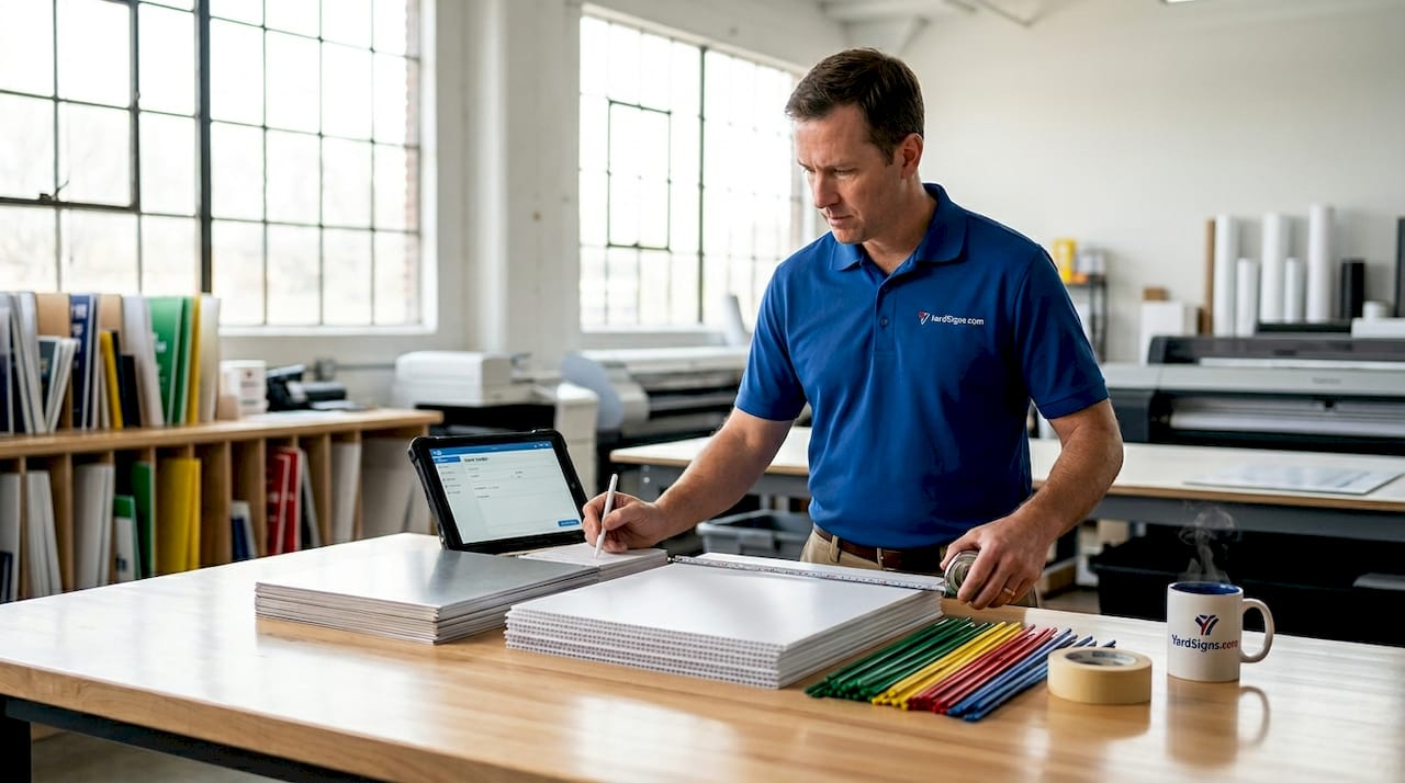 Worker handling corrugated plastic and aluminum signs