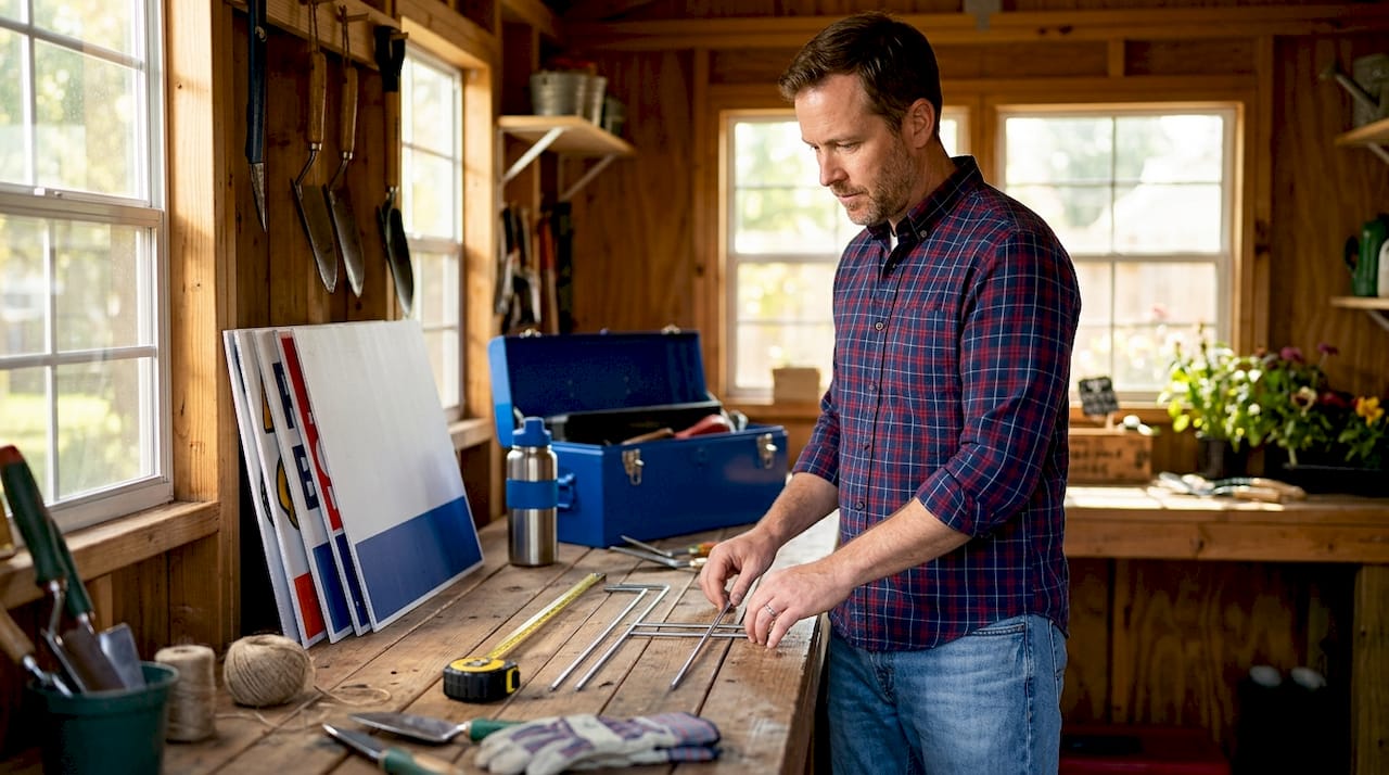 Man comparing lawn sign stake options