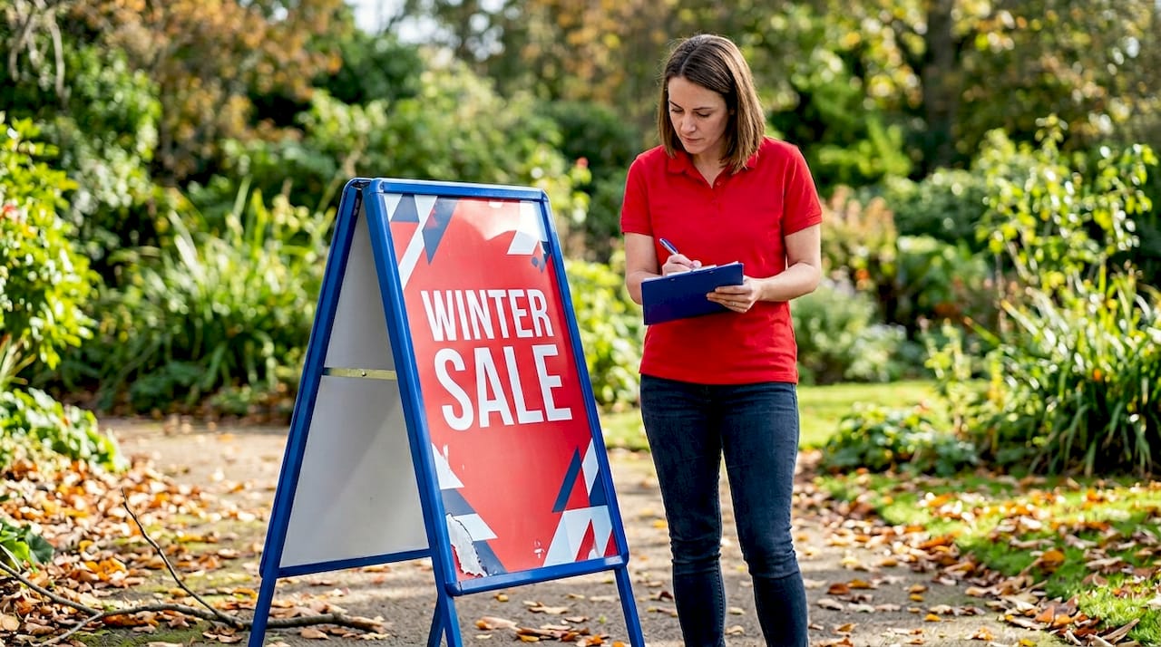 Store employee inspecting window-mounted sale sign