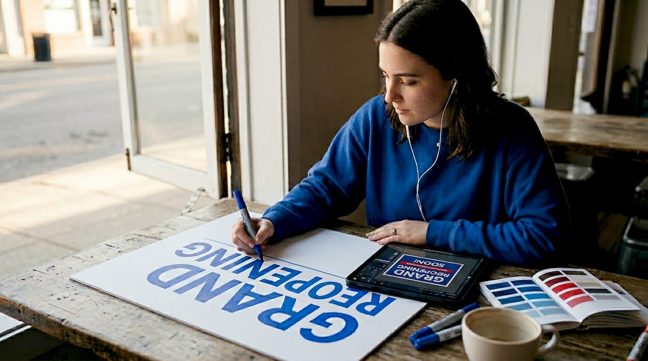 Designer creating bold grand reopening sign mockup