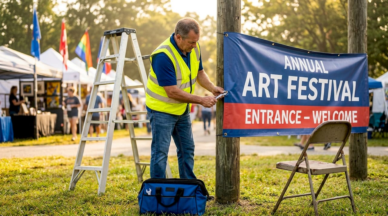 Staff installs reinforced vinyl banner at market entrance